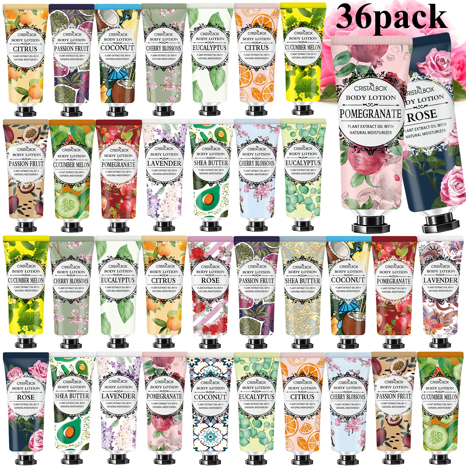 CRISTALBOX 36-pack rose lotion for daily moisture and mood enhancement.