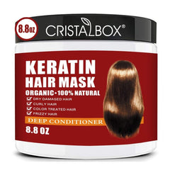 CRISTALBOX Keratin Hair Mask bottle showing premium conditioning formula for dry, damaged hair.