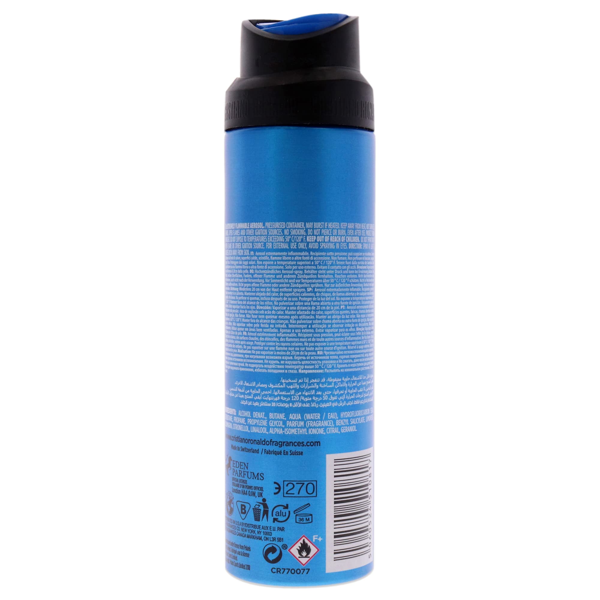CR7 Play It Cool bottle side angle highlighting blue silhouette and everyday wear