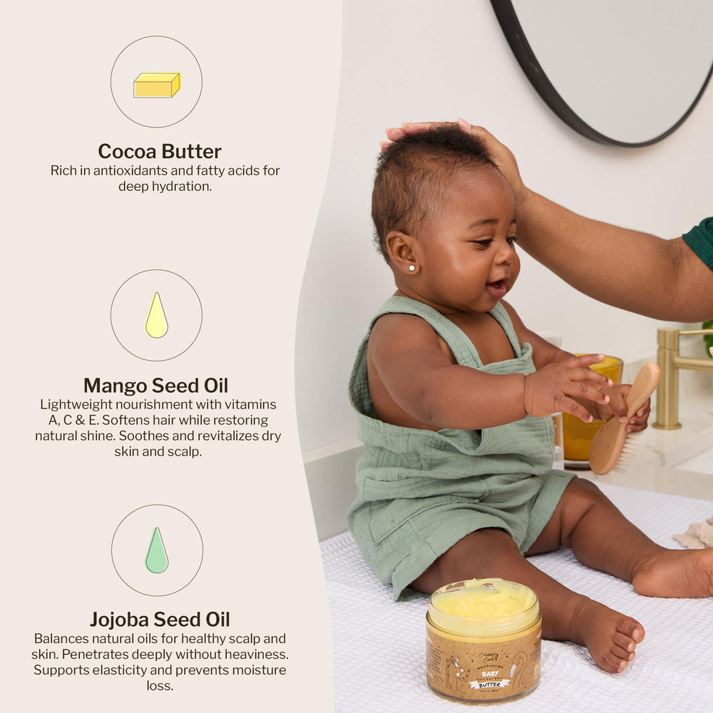 Gentle sheen on hair after applying Cristina's Curls Nourishing Baby Butter.