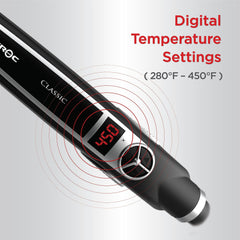 Digital temperature control on the CROC flat iron enables precise heat for hair types