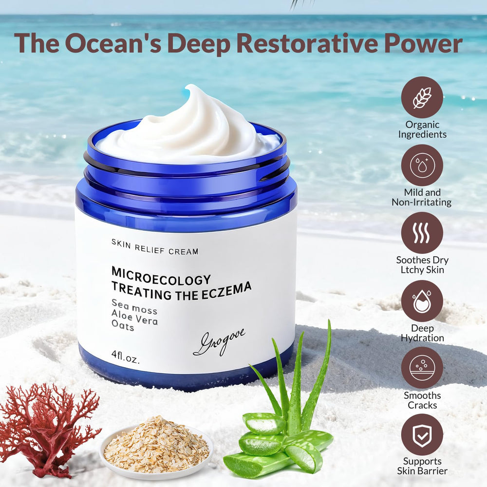 Crogooe eczema cream bottle shows aloe and oats for cooling relief