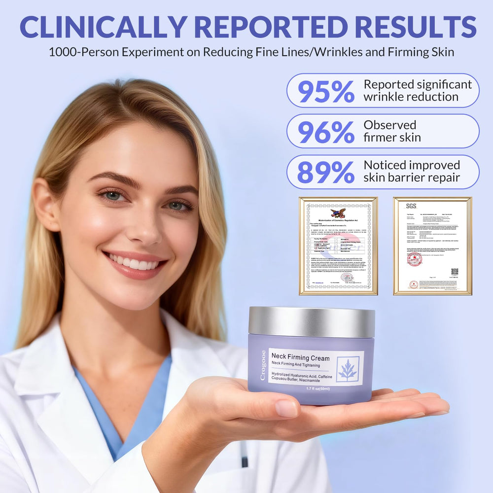 Crogooe neck firming cream ingredients list including caffeine and hyaluronic acid.