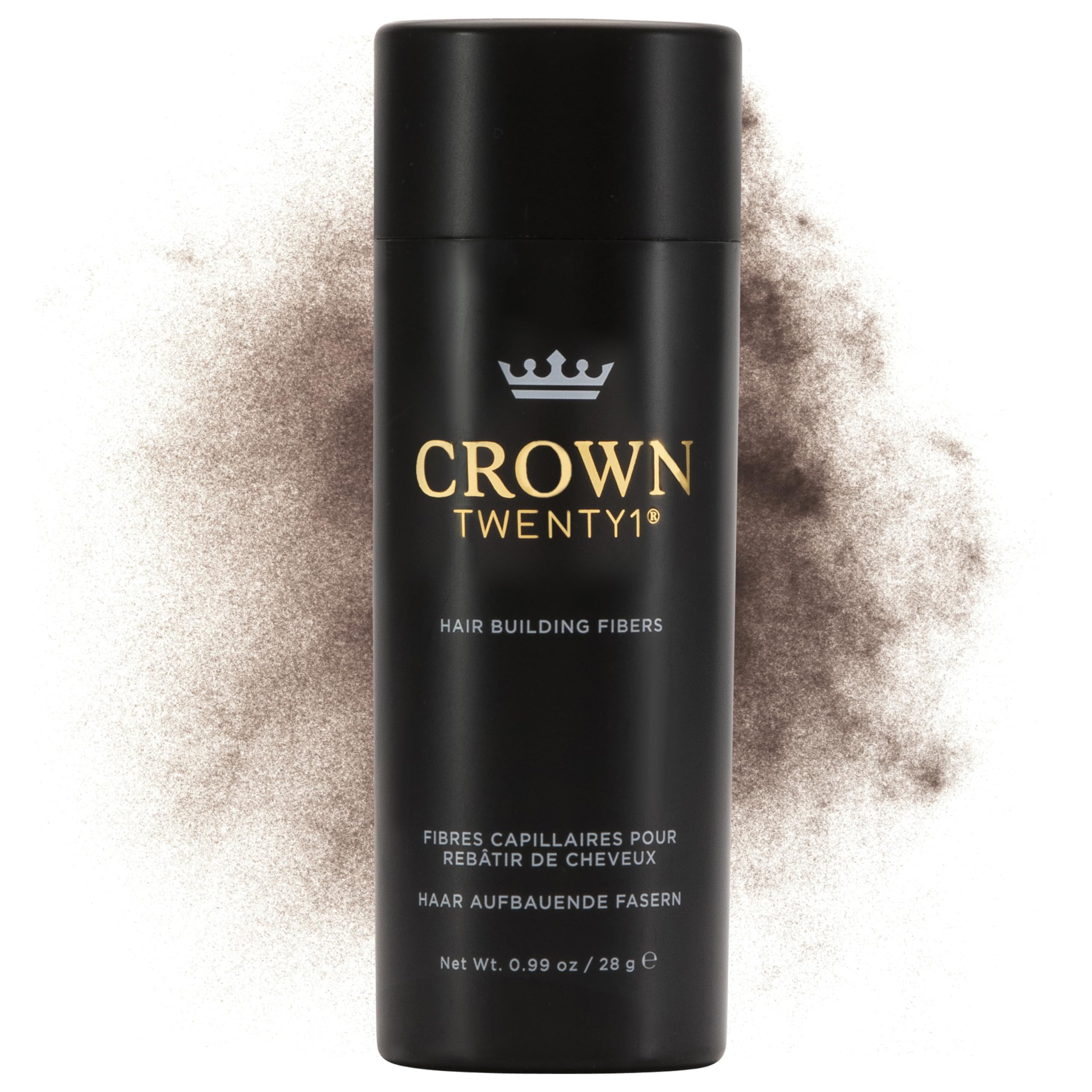 CROWN Twenty1 Hair Building Fibers bottle in light brown for quick thinning coverage.