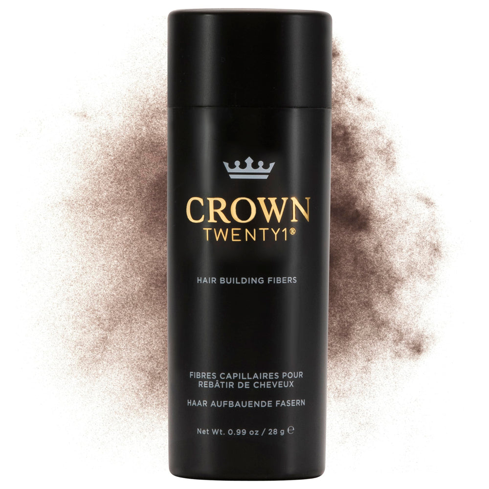CROWN Twenty1 Hair Building Fibers bottle in light brown for quick thinning coverage.