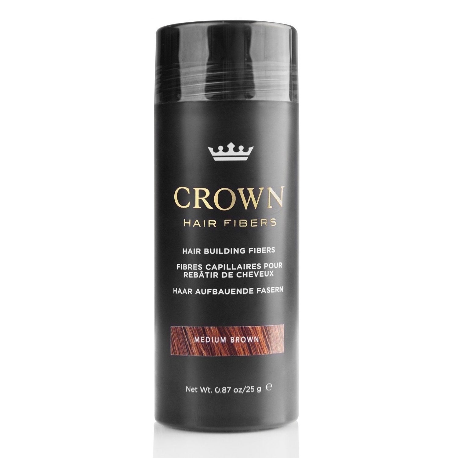 CROWN Twenty1 Hair Building Fibers packaging shows 28g bottle for quick coverage.