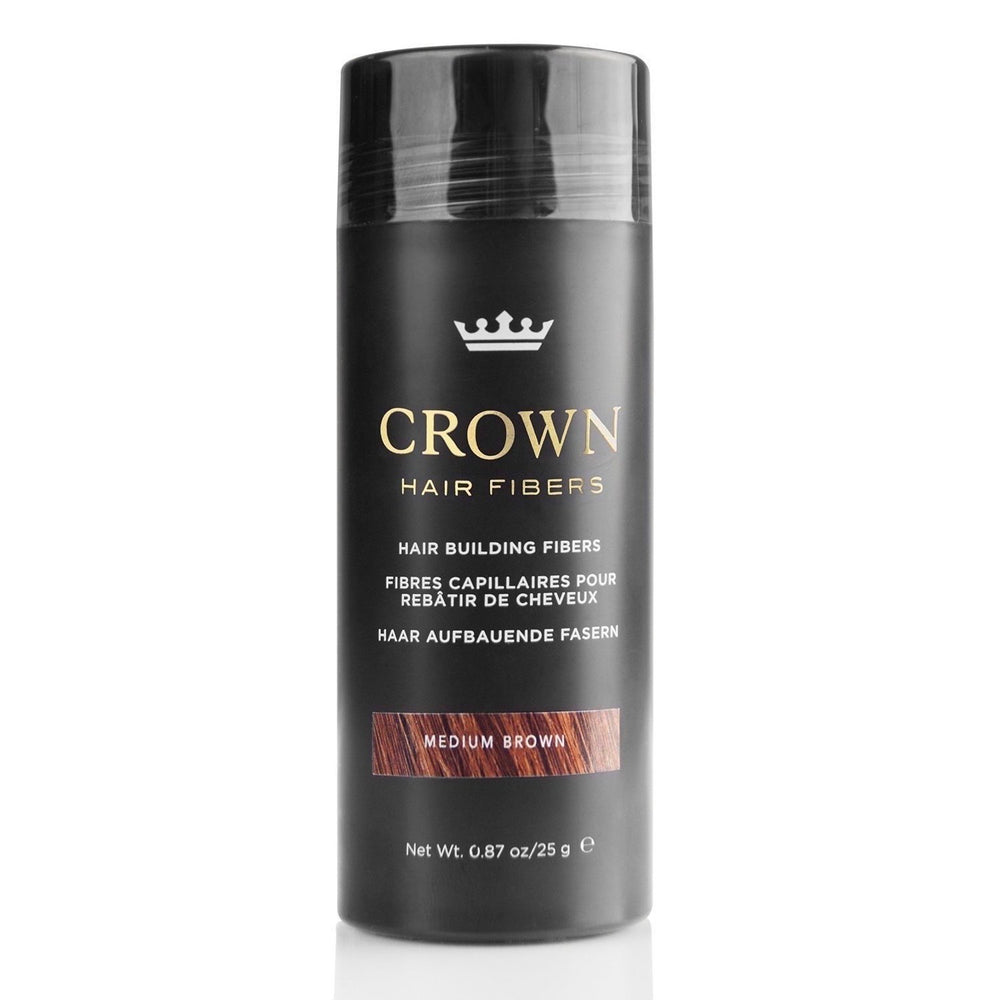 CROWN Twenty1 Hair Building Fibers packaging shows 28g bottle for quick coverage.