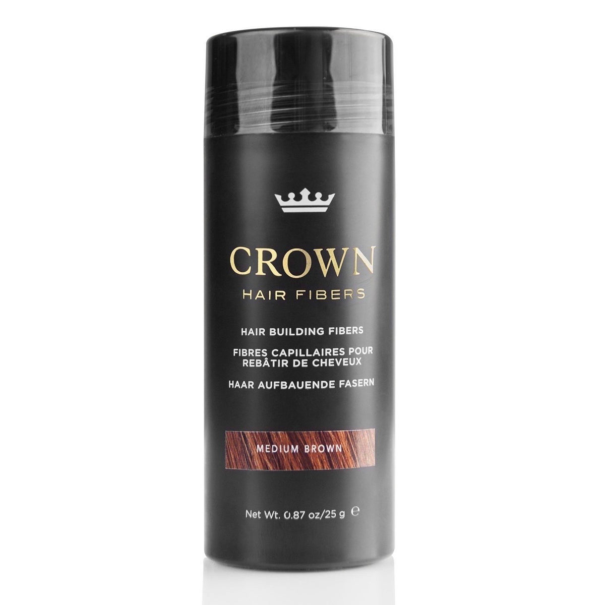 CROWN Twenty1 Hair Building Fibers packaging shows 28g bottle for quick coverage.