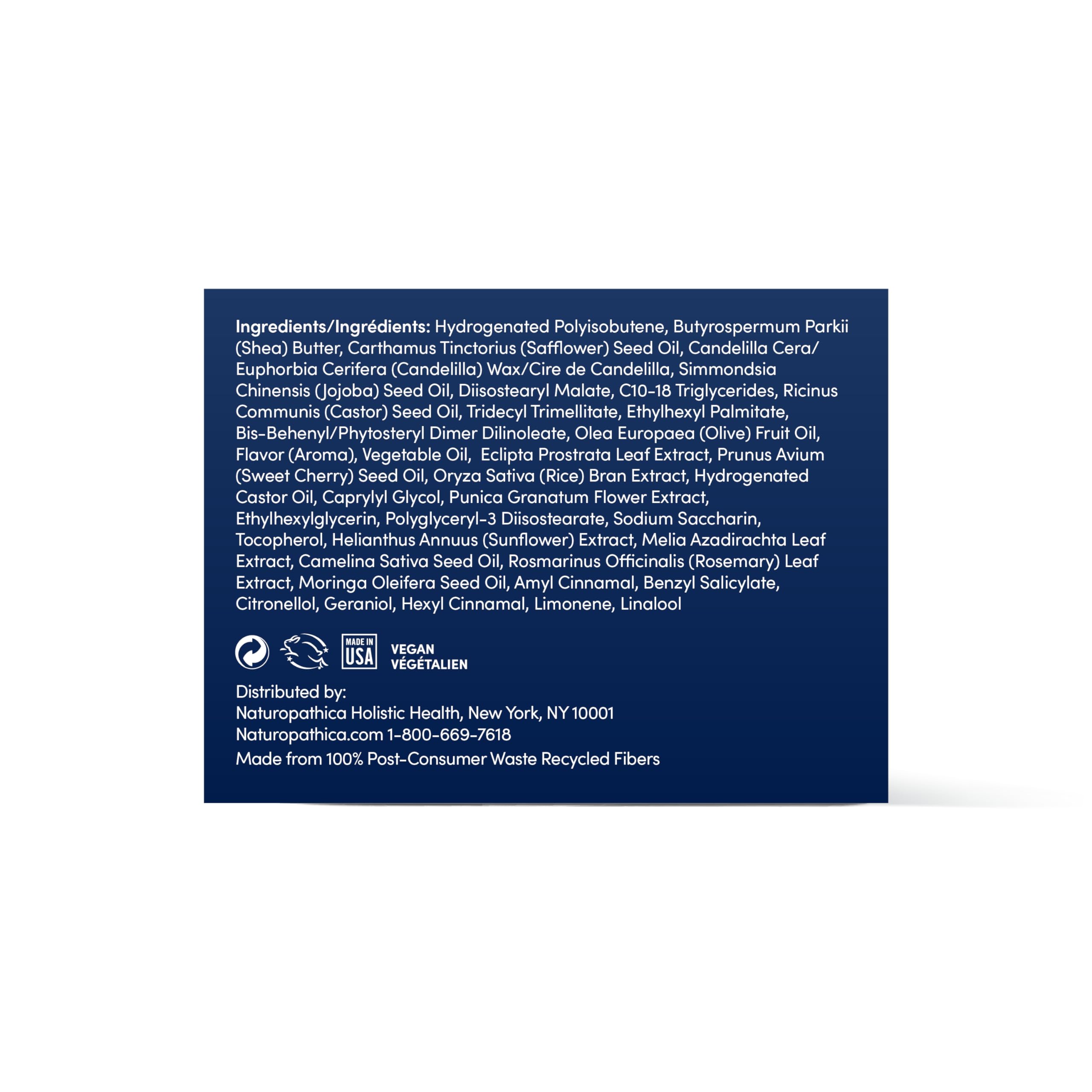 Naturopathica cruelty-free USA-made seal on packaging emphasizes ethics.
