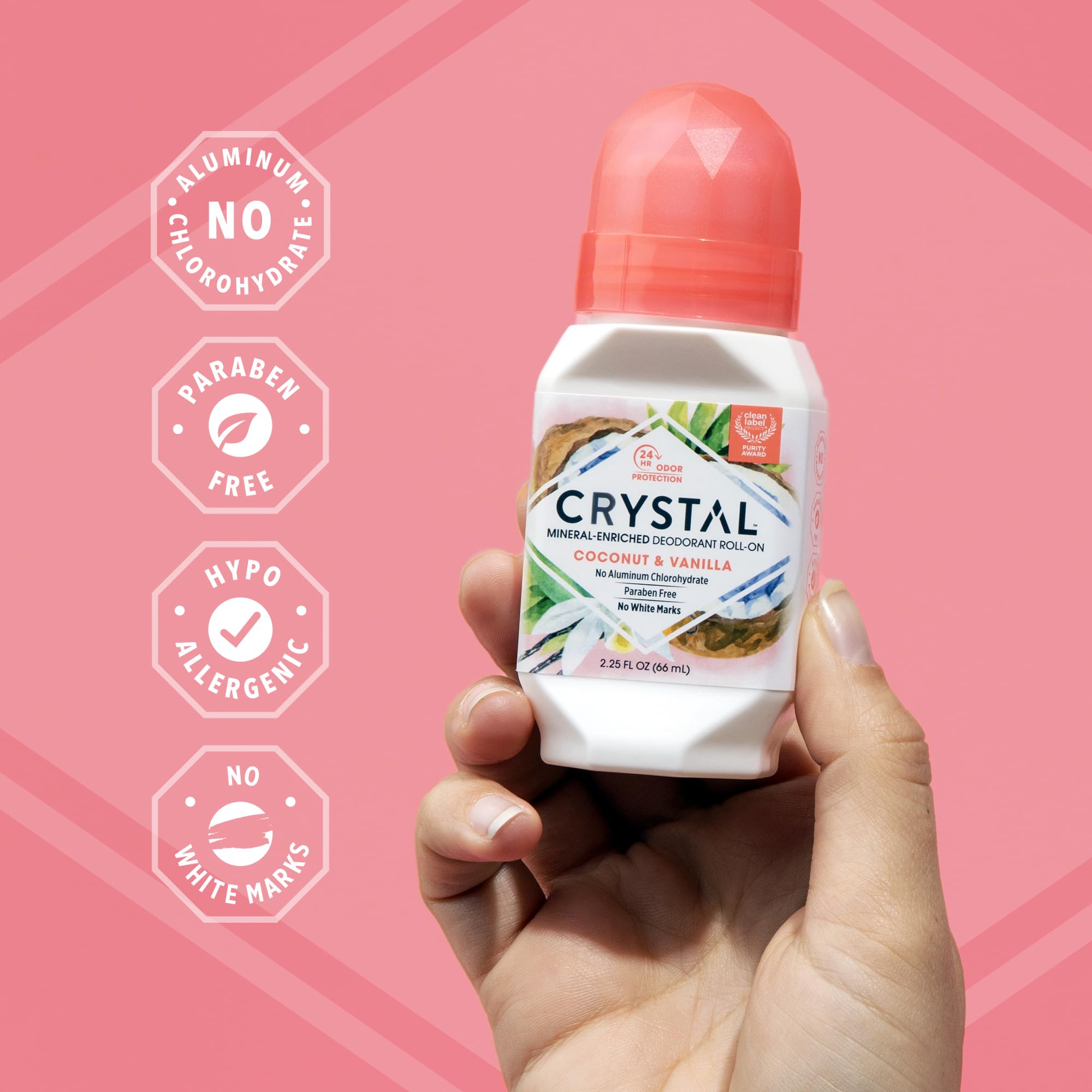 Applying Crystal Essence Coconut Vanilla roll-on delivers quick-dry protection on skin.