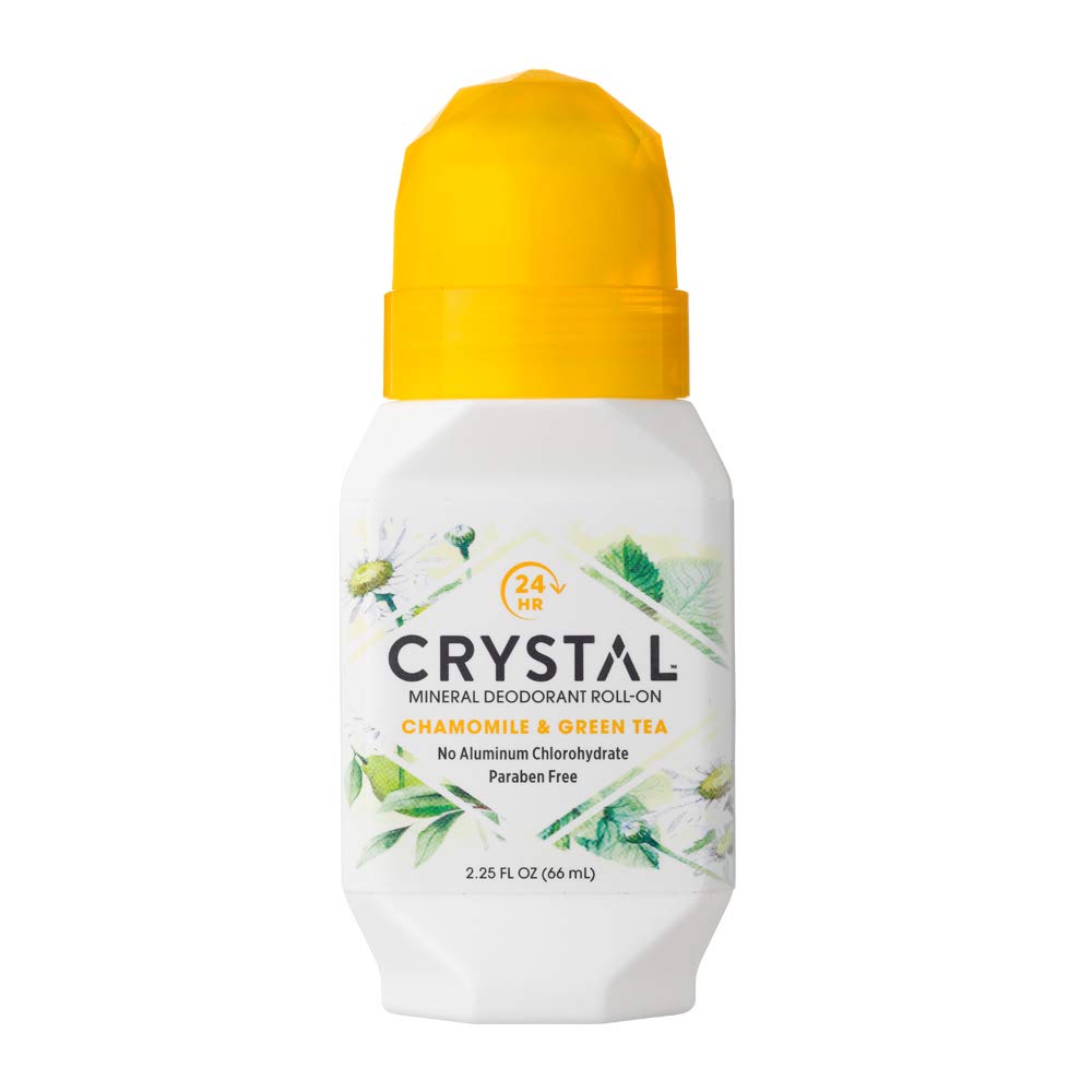 Crystal Essence deodorant roll-on pack with chamomile and green tea for all-day odor protection.