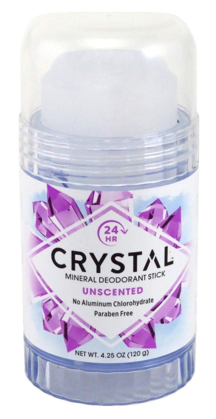 Crystal Essence six-pack deodorant sticks on display, mineral salt action for odor control.