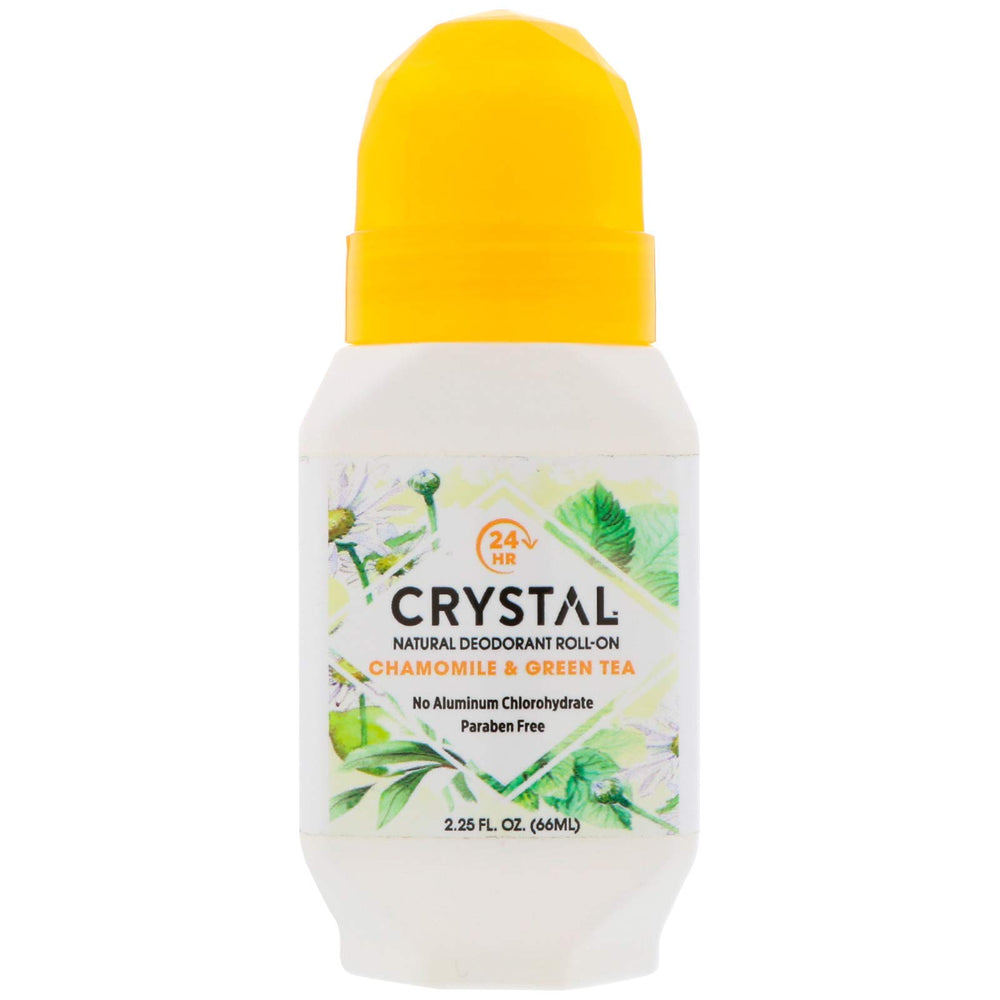 Crystal Essence mineral deodorant roll-on with chamomile and green tea for gentle daily odor control.