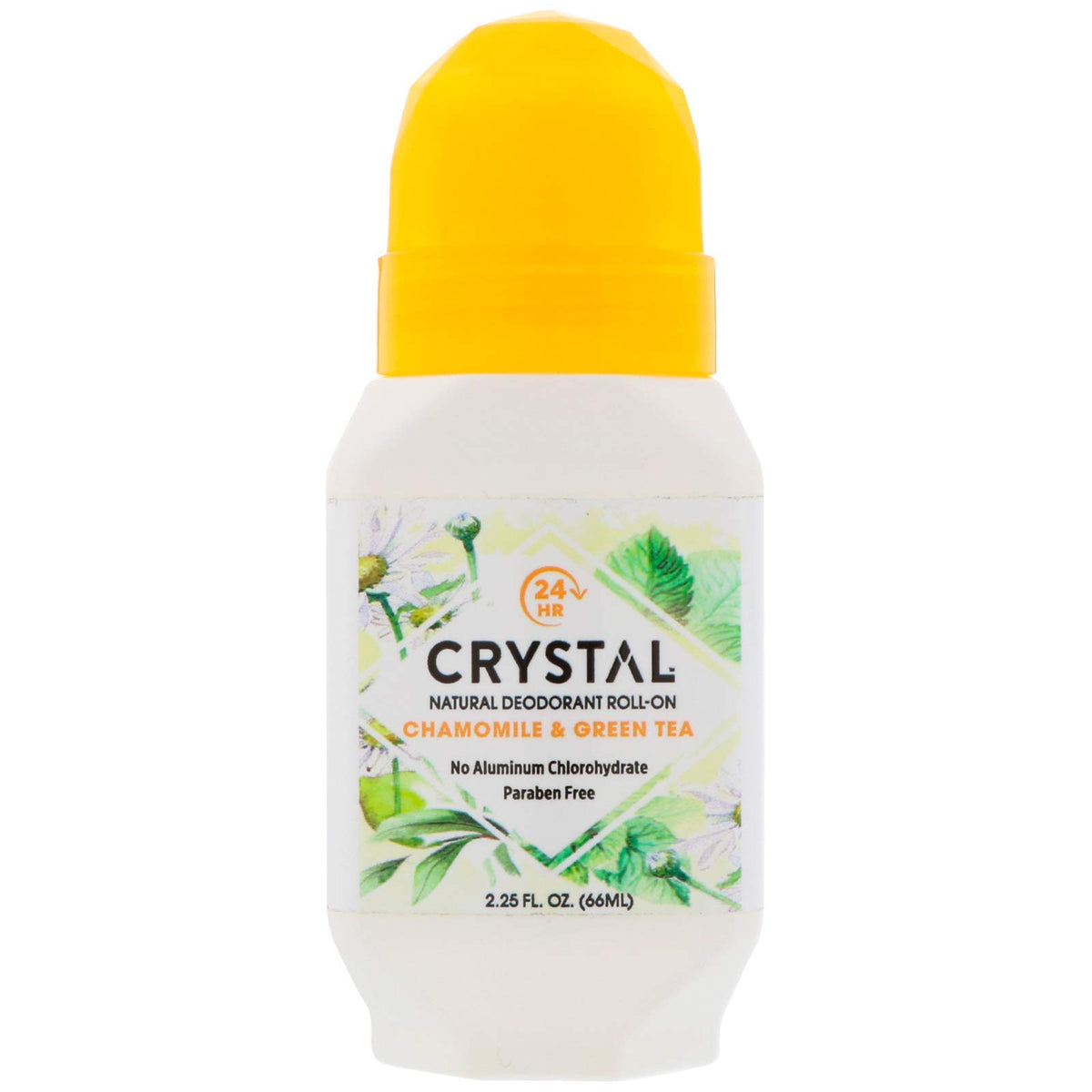 Crystal Essence mineral deodorant roll-on with chamomile and green tea for gentle daily odor control.