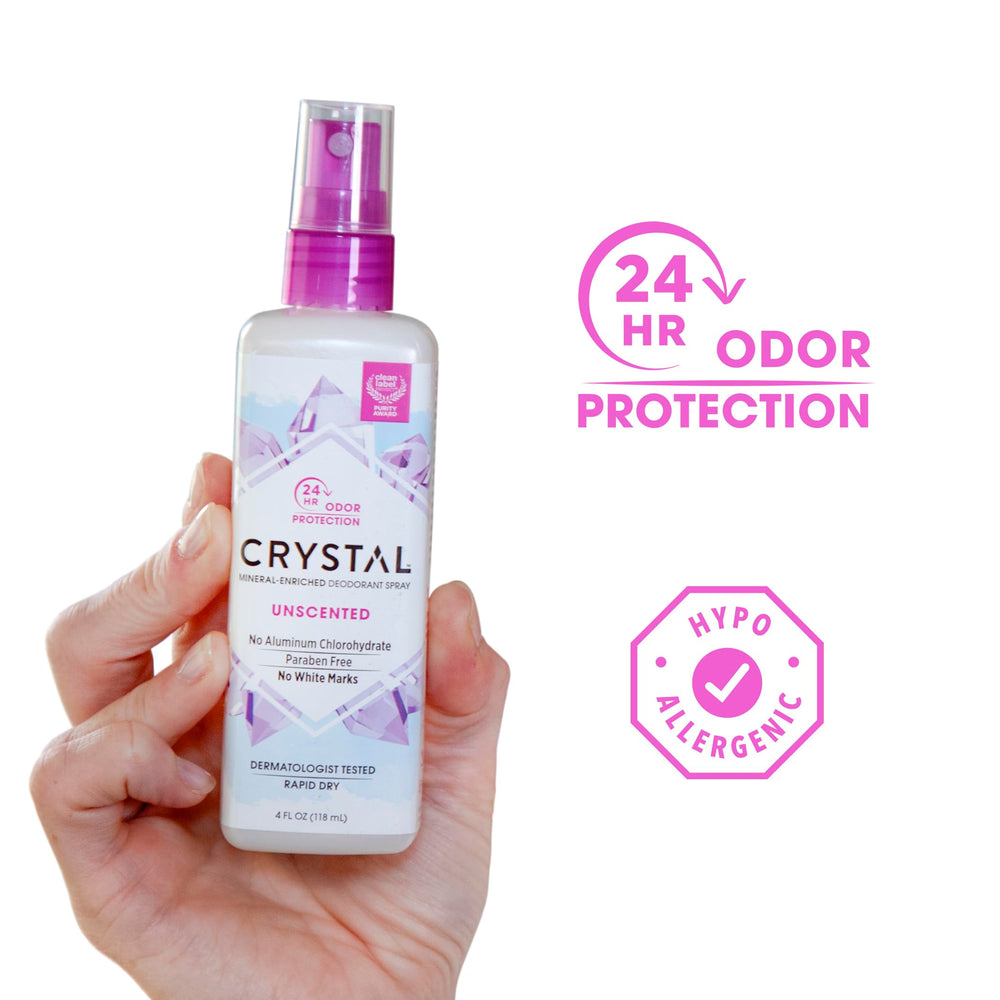 Crystal Essence CRYSTAL unscented spray shown for easy, touch-free application and odor control.