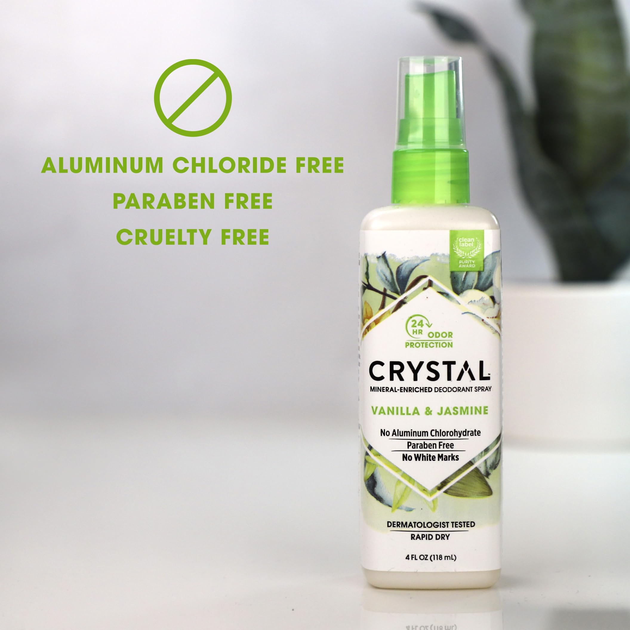 Crystal Essence Vanilla Jasmine deodorant label highlighting purity and ingredients