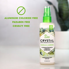 Crystal Essence Vanilla Jasmine deodorant label highlighting purity and ingredients