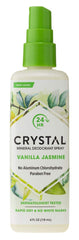 Crystal Essence Vanilla Jasmine deodorant spray bottle shows quick-dry, unisex design.