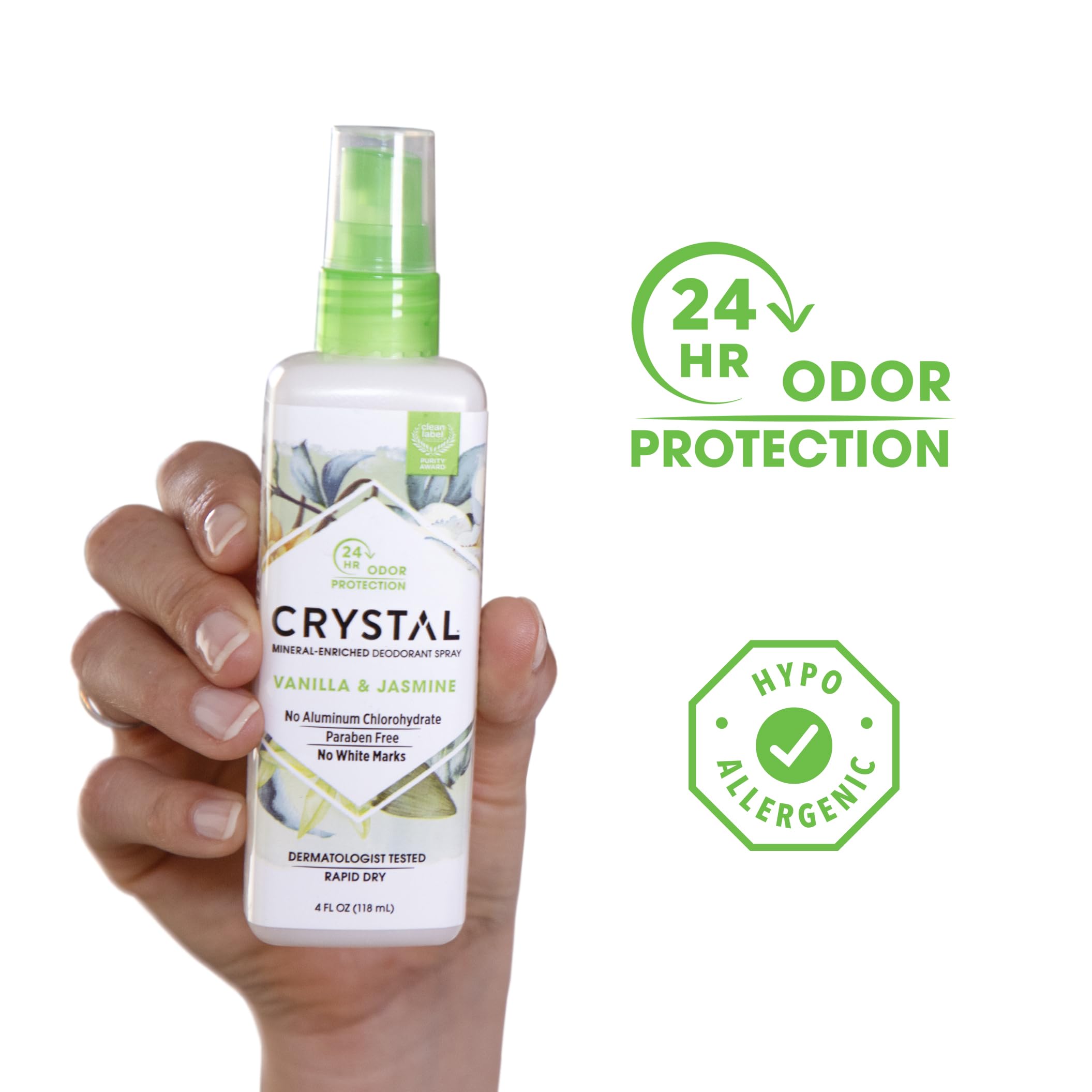 Crystal Essence Vanilla Jasmine deodorant spray nozzle close-up for easy application