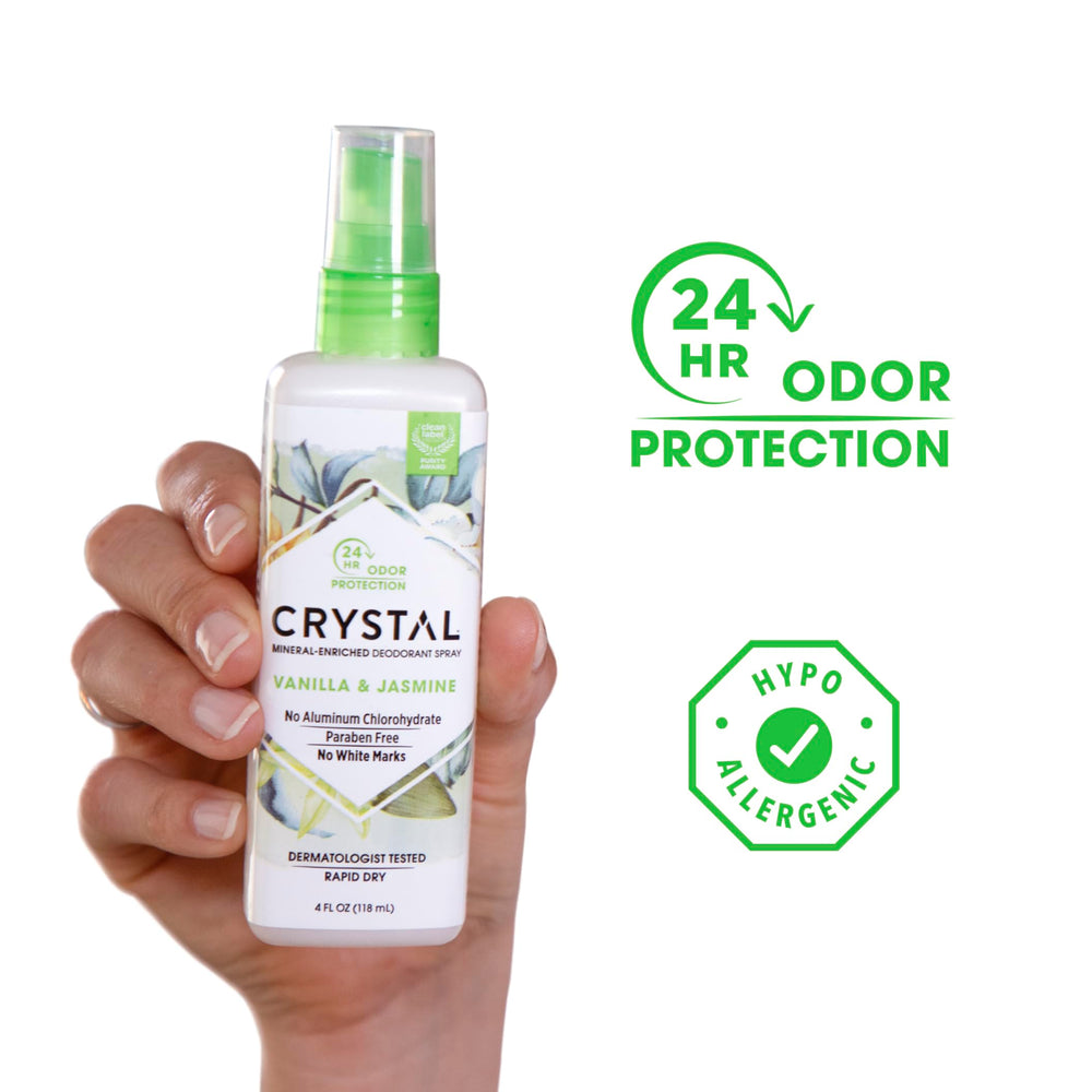 Crystal Essence Vanilla Jasmine deodorant spray nozzle close-up for easy application