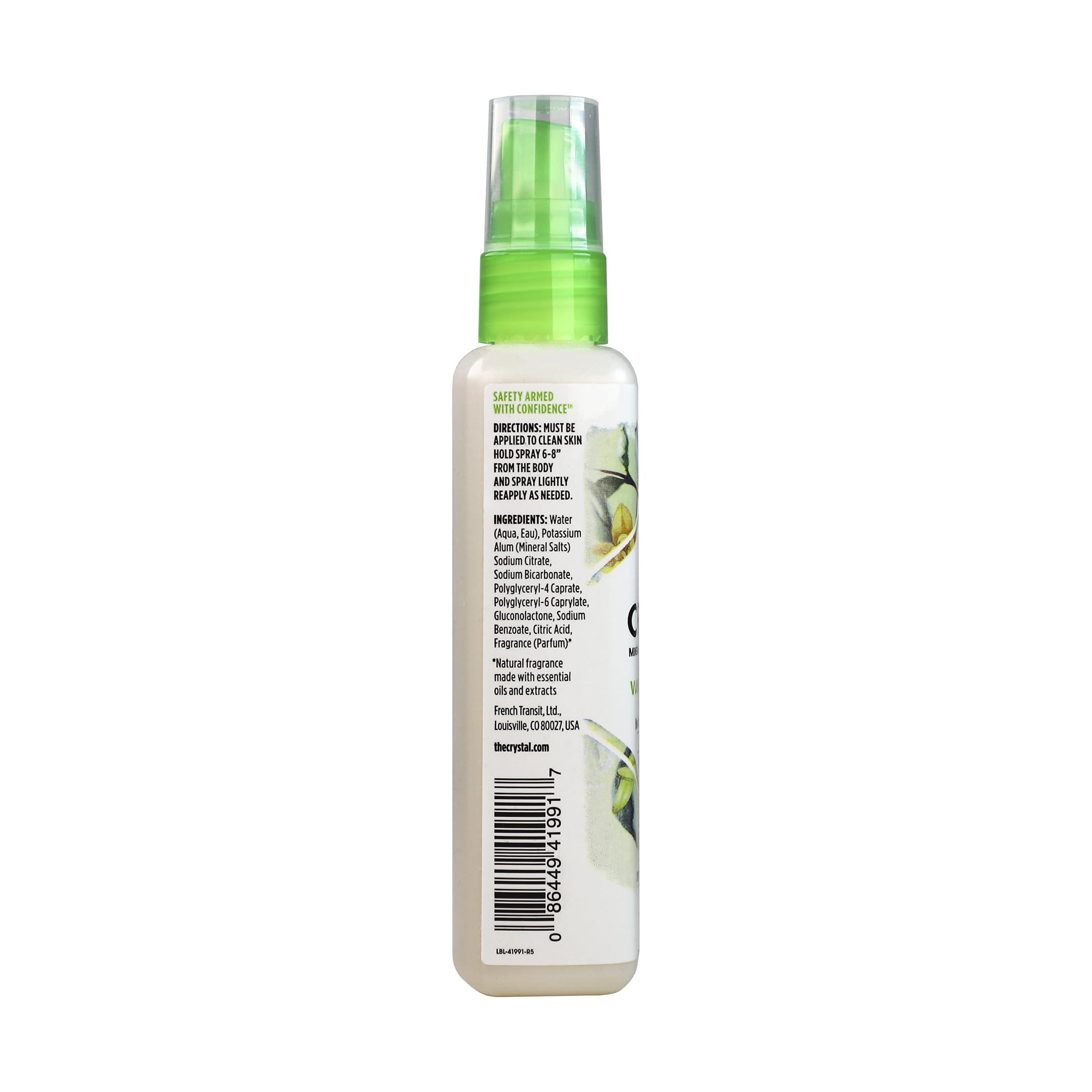 Crystal Essence Vanilla Jasmine deodorant spray in hand ready for application