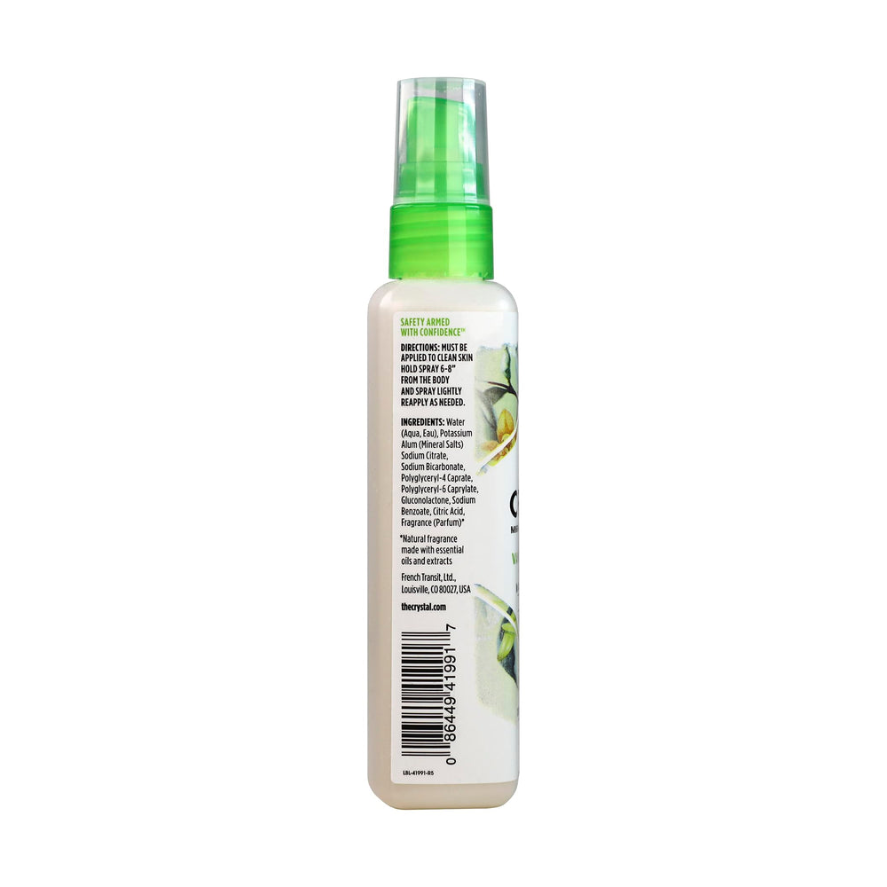 Crystal Essence Vanilla Jasmine deodorant spray in hand ready for application