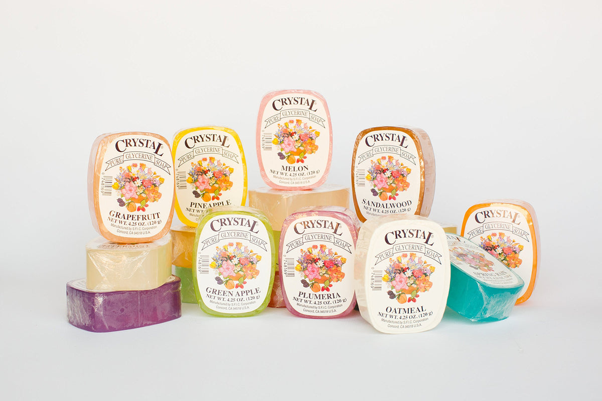 Crystal glycerine soap bars show 24 fragrances in a colorful pack for daily cleansing