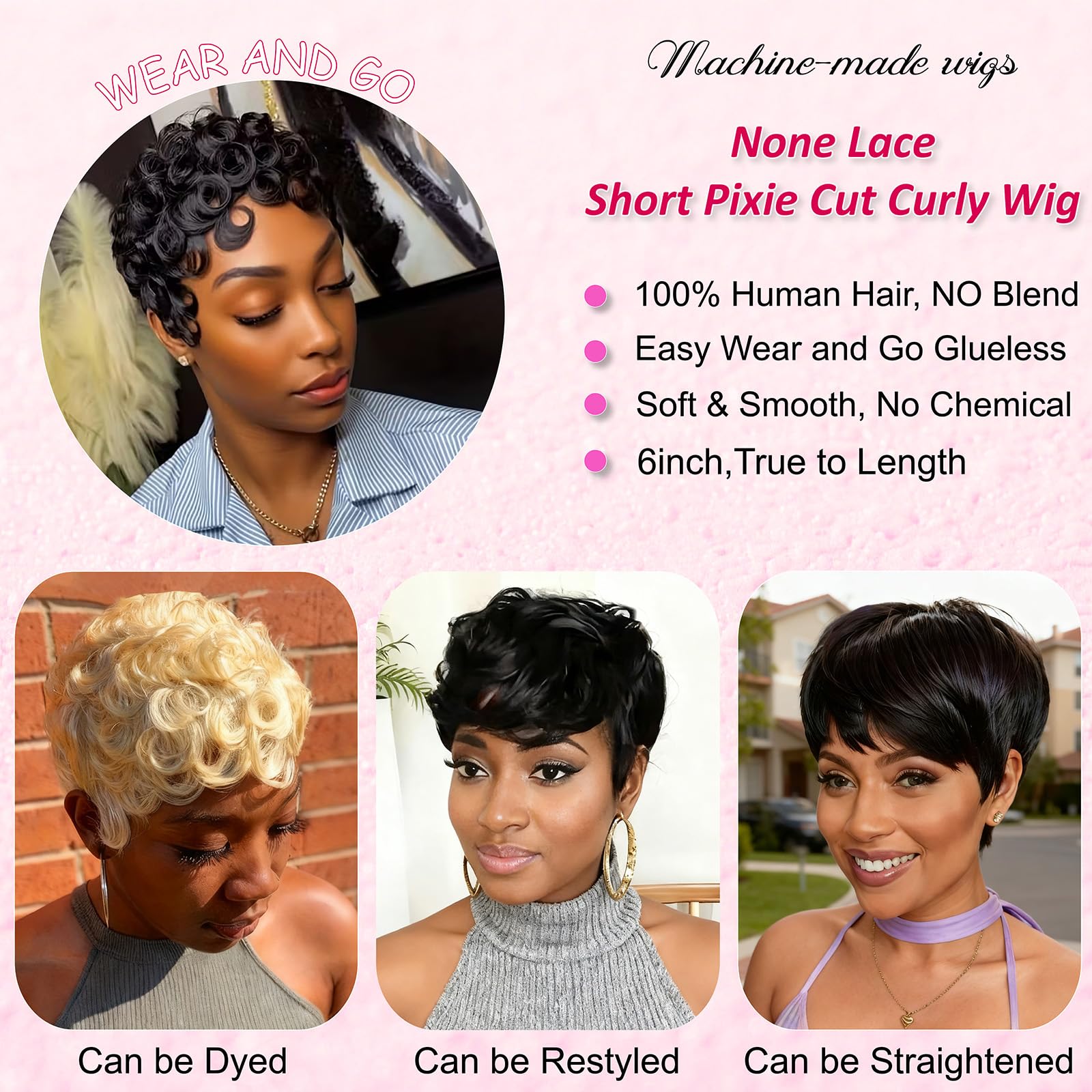 CrystalHair glueless pixie wig with breathable cap for all-day wear.