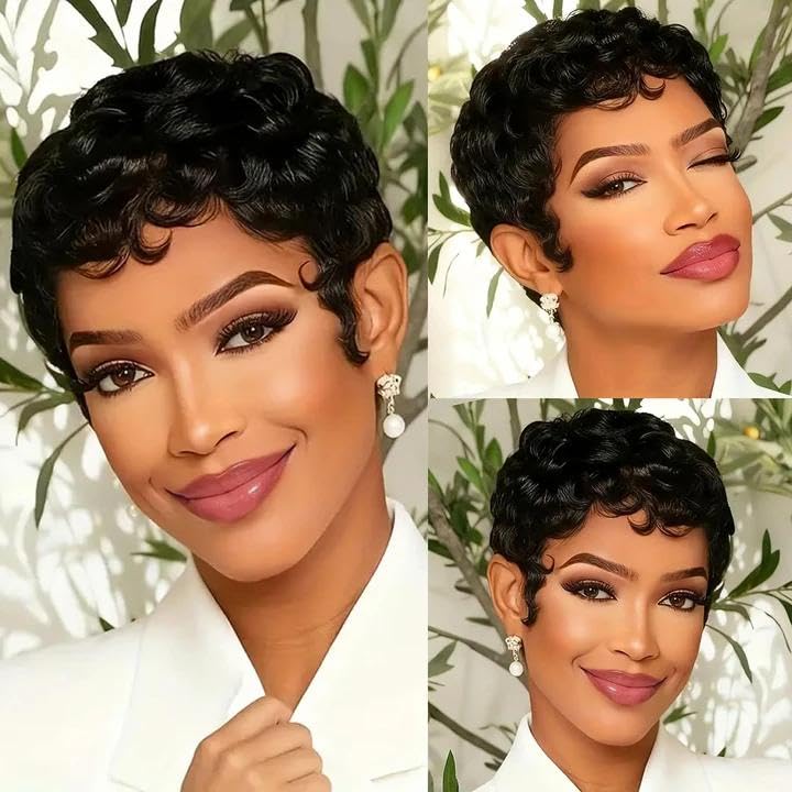 CrystalHair short curly pixie wig with bangs for versatile daily looks.