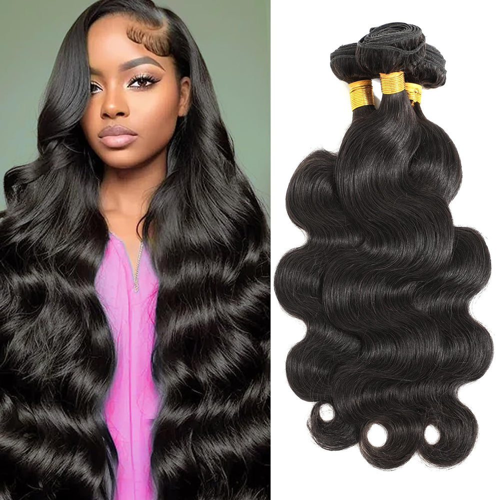 CSCHS body wave bundles 16-inch pack show natural black Remy hair for seamless volume.