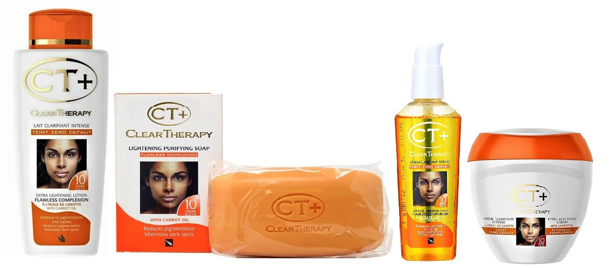 CT+ Clear Therapy Extra Lightening Cream jar promotes an even tone and radiant skin.