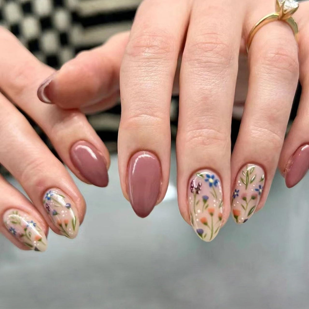 CTTHNBD almond-flower-leaf press-on nails in style-02 with vibrant patterns for daily wear.