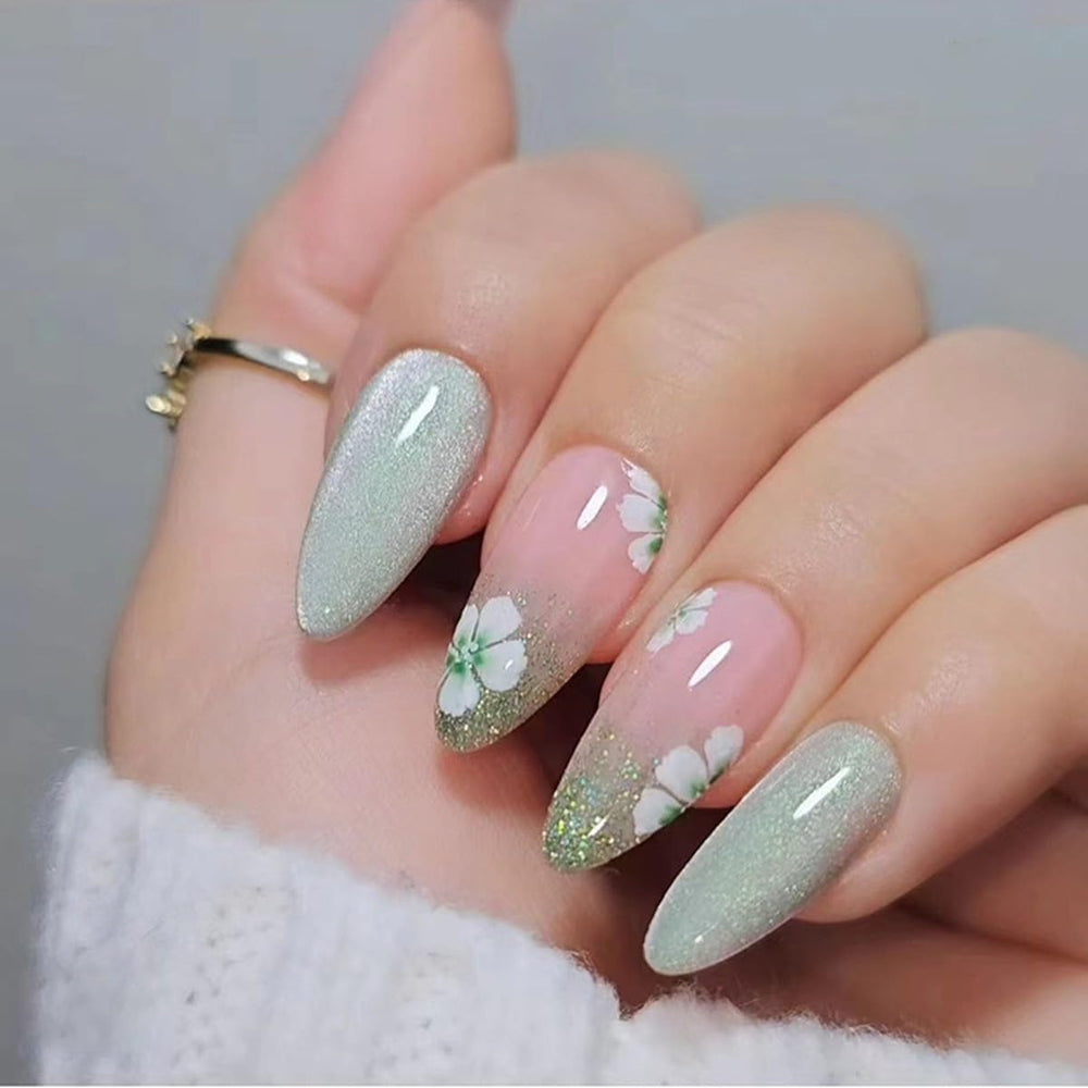 CTTHNBD almond press-on nails with green flower design for a ready-made festive manicure