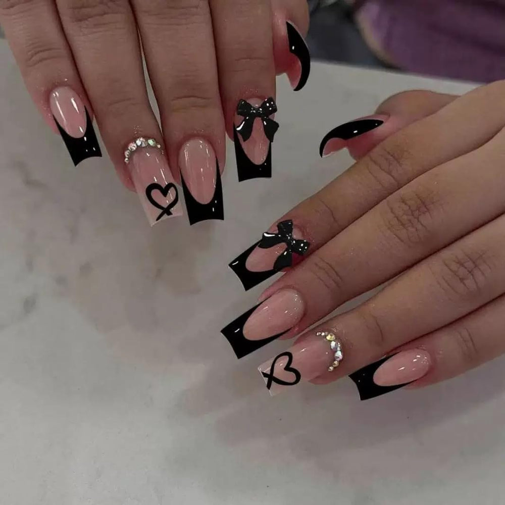 CTTHNBD medium press-on nails coffin black French tip with bow charm for at-home manicure