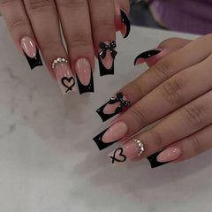 CTTHNBD medium press-on nails coffin black French tip with bow charm for at-home manicure