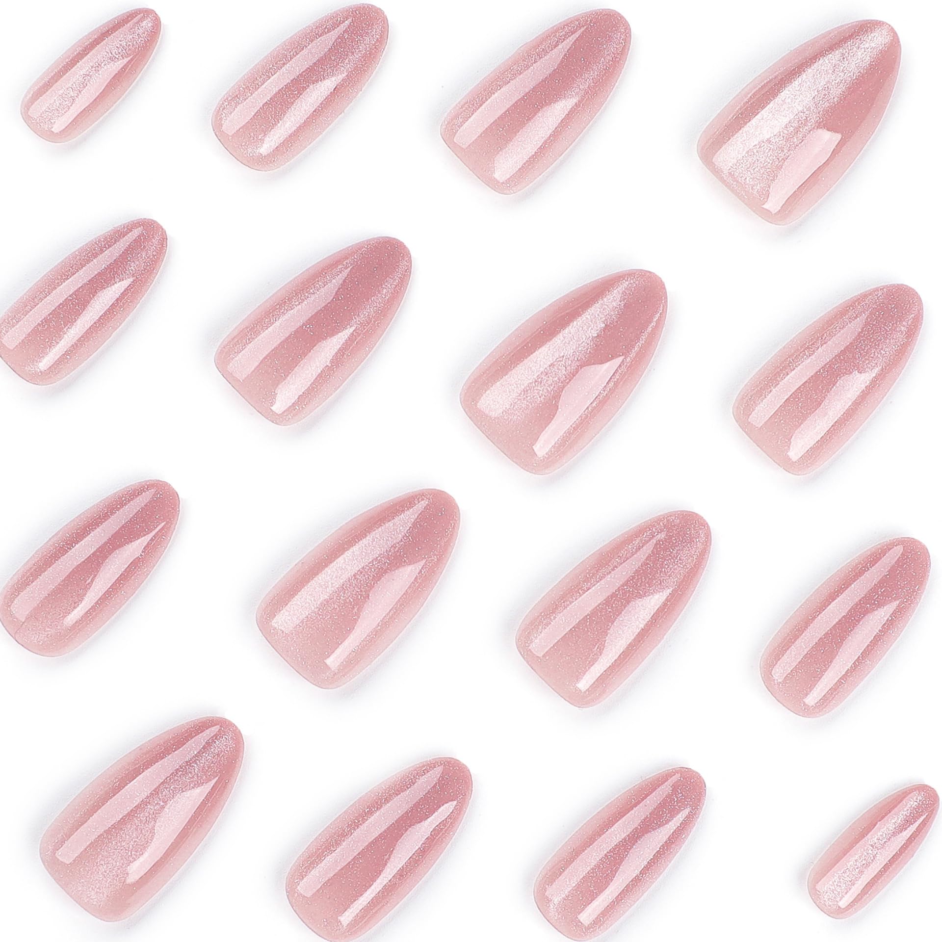 CTTHNBD close-up of pink glitter almond nails with glossy finish
