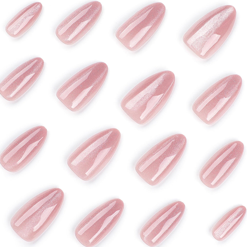 CTTHNBD close-up of pink glitter almond nails with glossy finish
