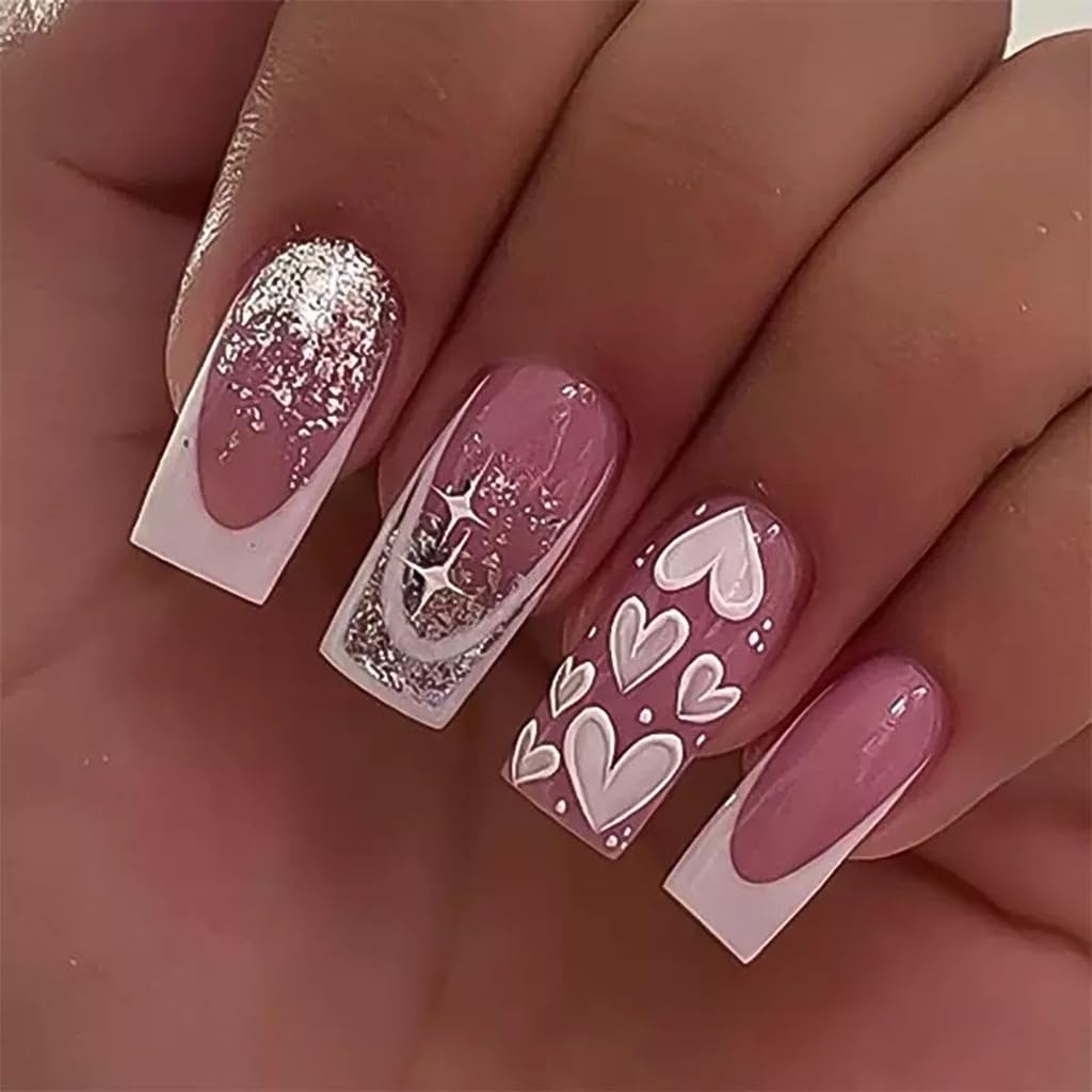 CTTHNBD press-on nails square, medium pink with heart design for quick, stylish manicures.