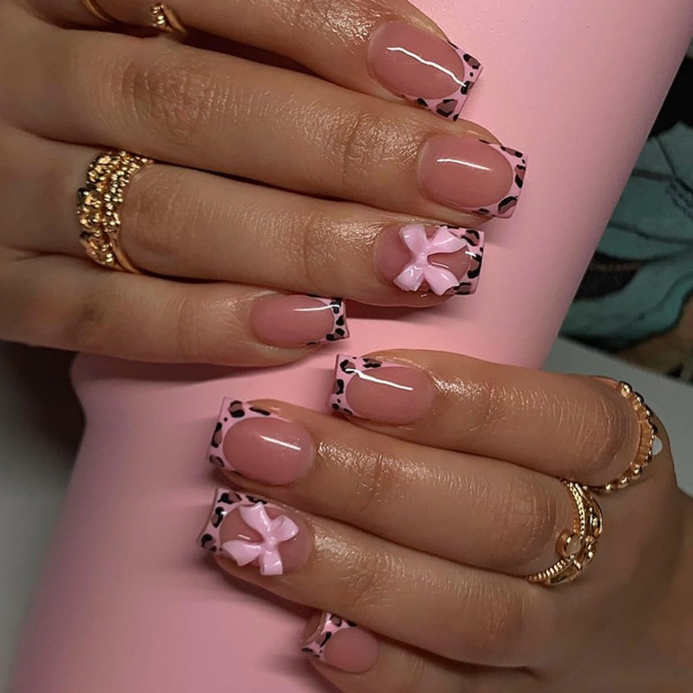 CTTHNBD short square leopard nails with pink bow for chic French tip.