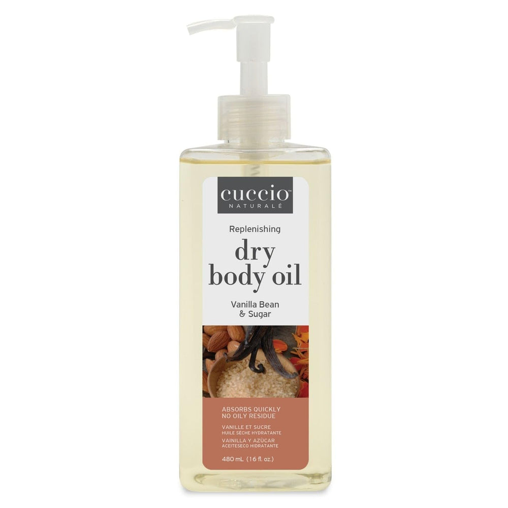 Cuccio Naturale Hydrating Dry Body Oil bottle with vanilla bean and sugar aroma for silky skin