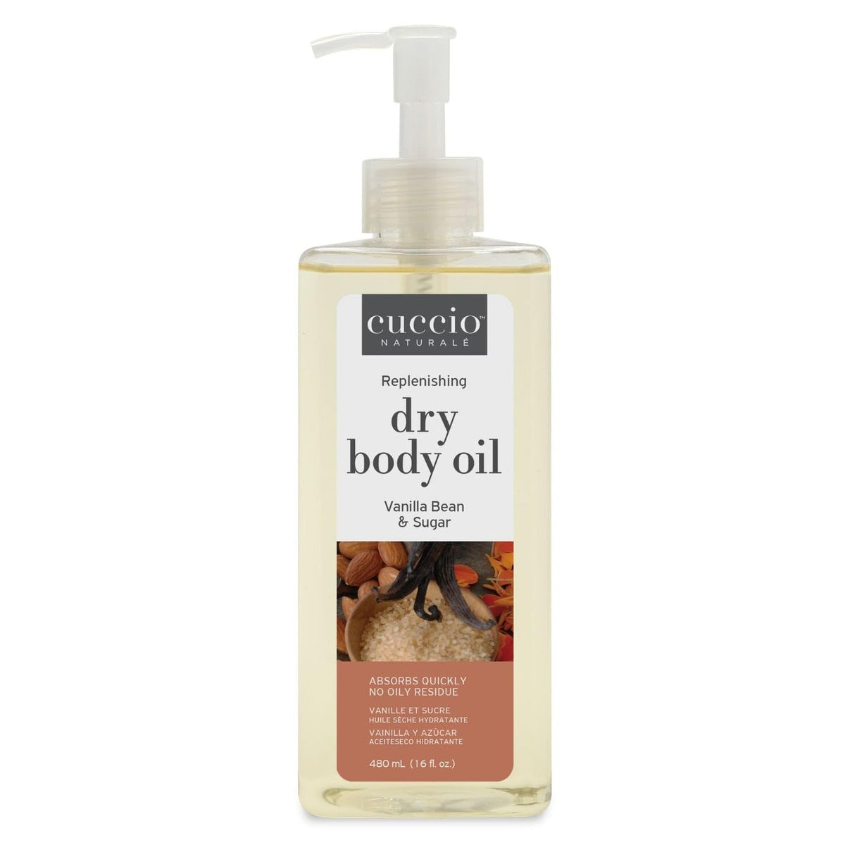 Cuccio Naturale Hydrating Dry Body Oil bottle with vanilla bean and sugar aroma for silky skin