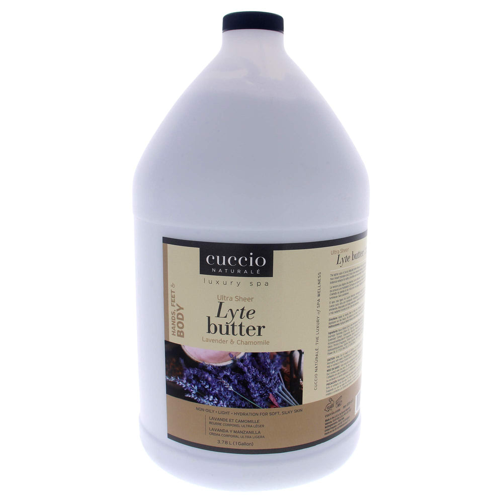 Cuccio Lyte Ultra-Sheer Butter tub with lavender and chamomile for hydrated, silky skin.