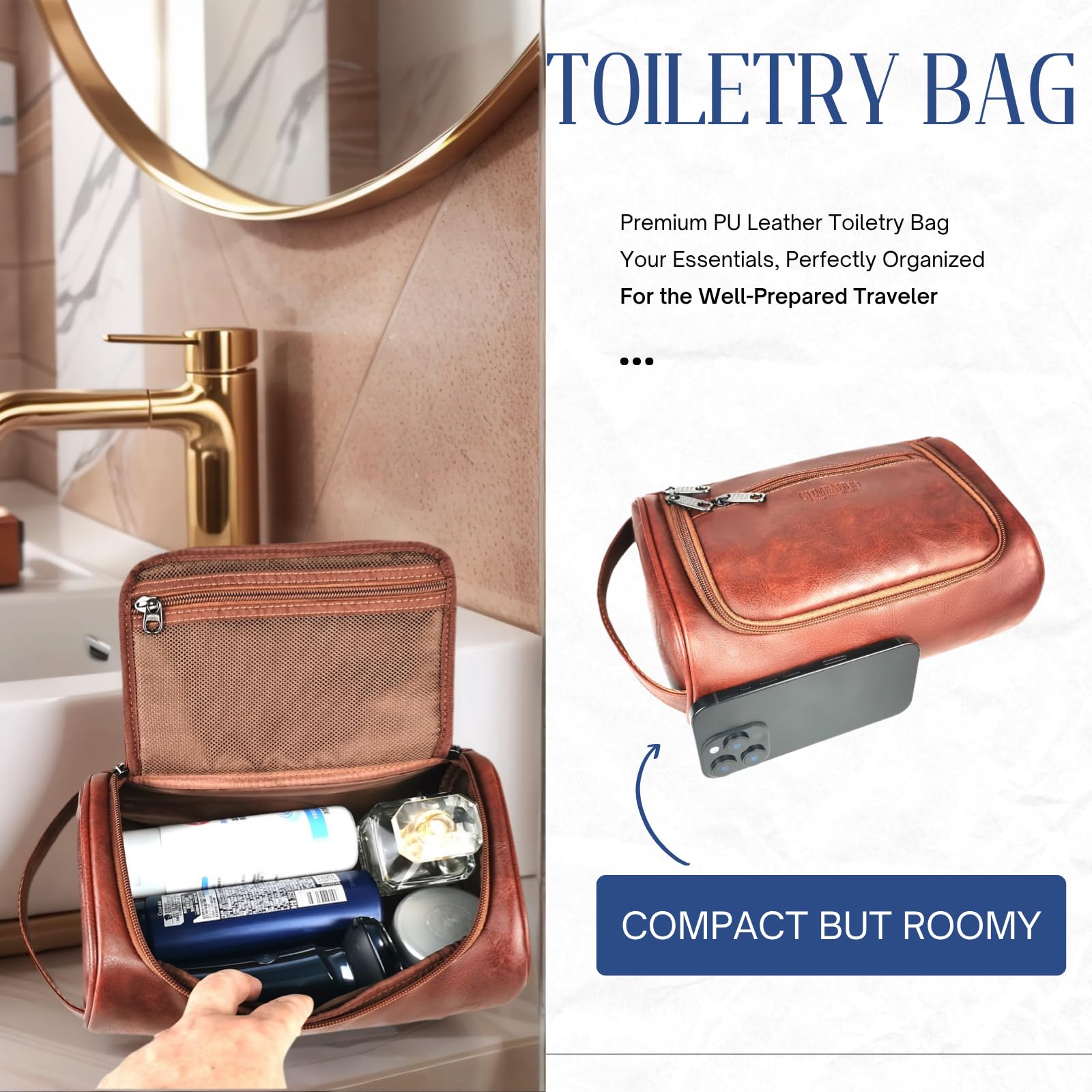 Cumbanho Dopp Kit main compartment open reveals roomy space for full-size items