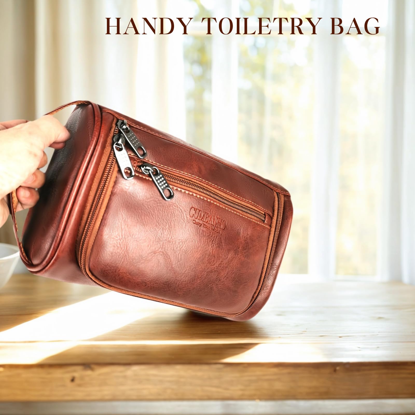 Cumbanho Dopp Kit water-resistant finish protects against bathroom moisture and spills