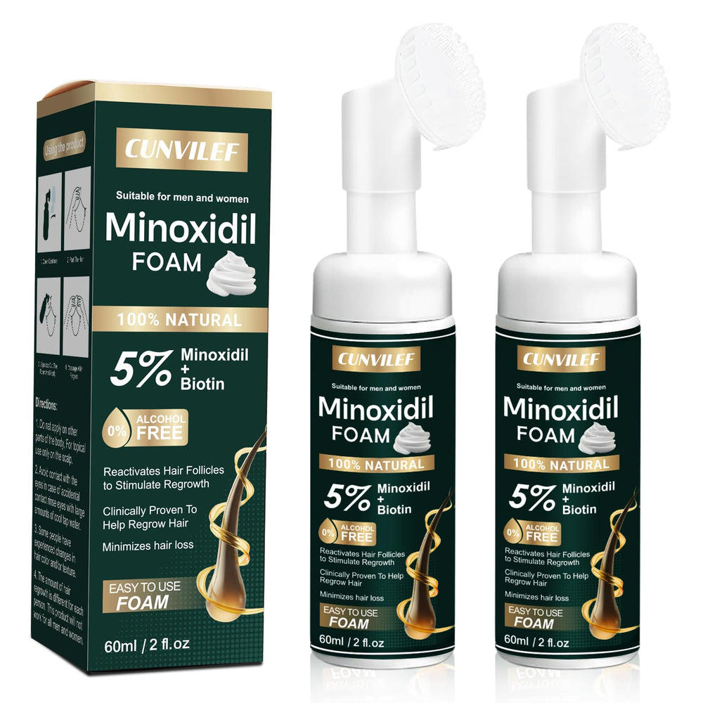 CUNVILEF 5% Minoxidil foam bottle pour for targeted scalp application to support hair growth.