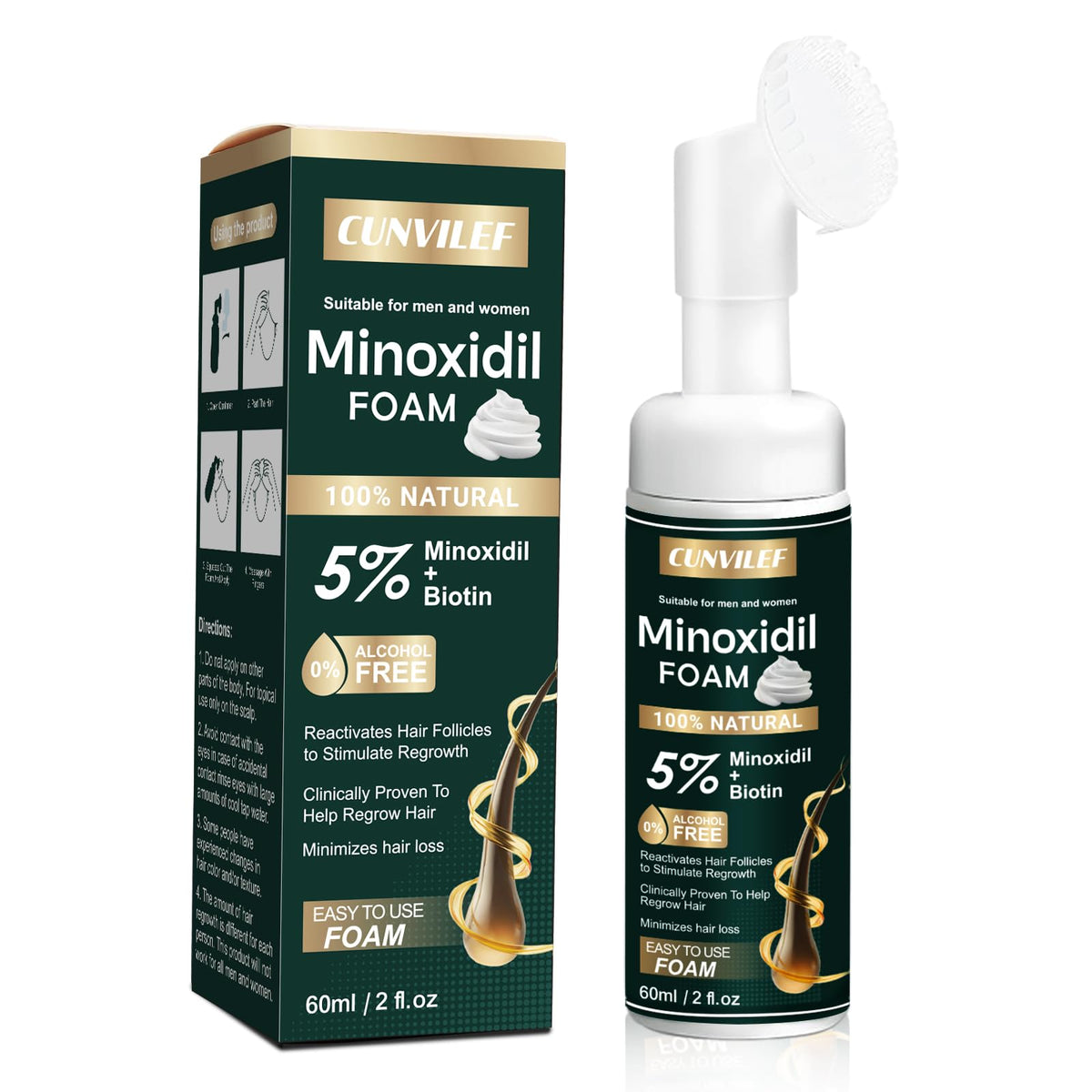 CUNVILEF 5% Minoxidil Foam bottle promotes scalp care and hair vitality.