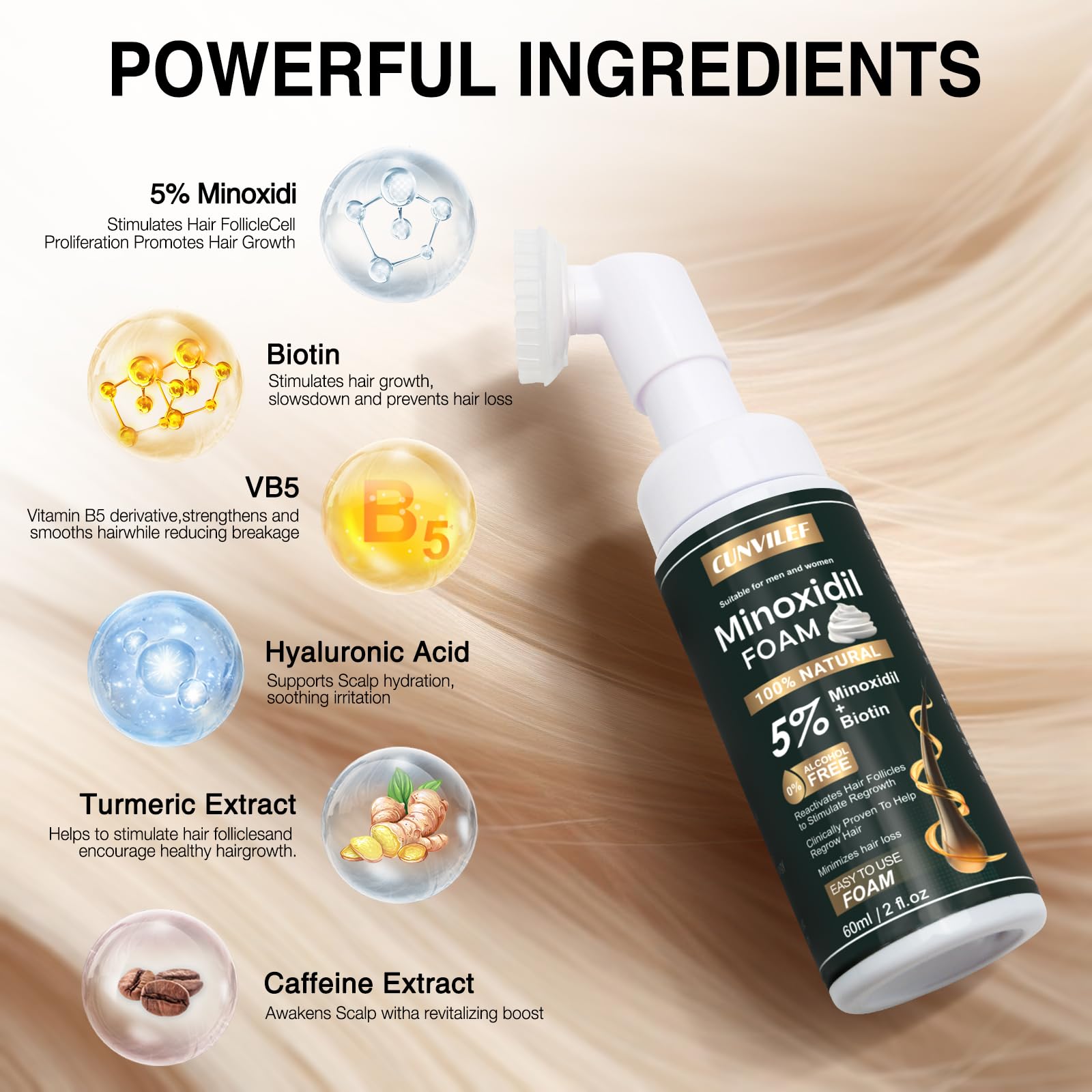 Easy-to-dispense CUNVILEF Minoxidil Foam for precise scalp application.