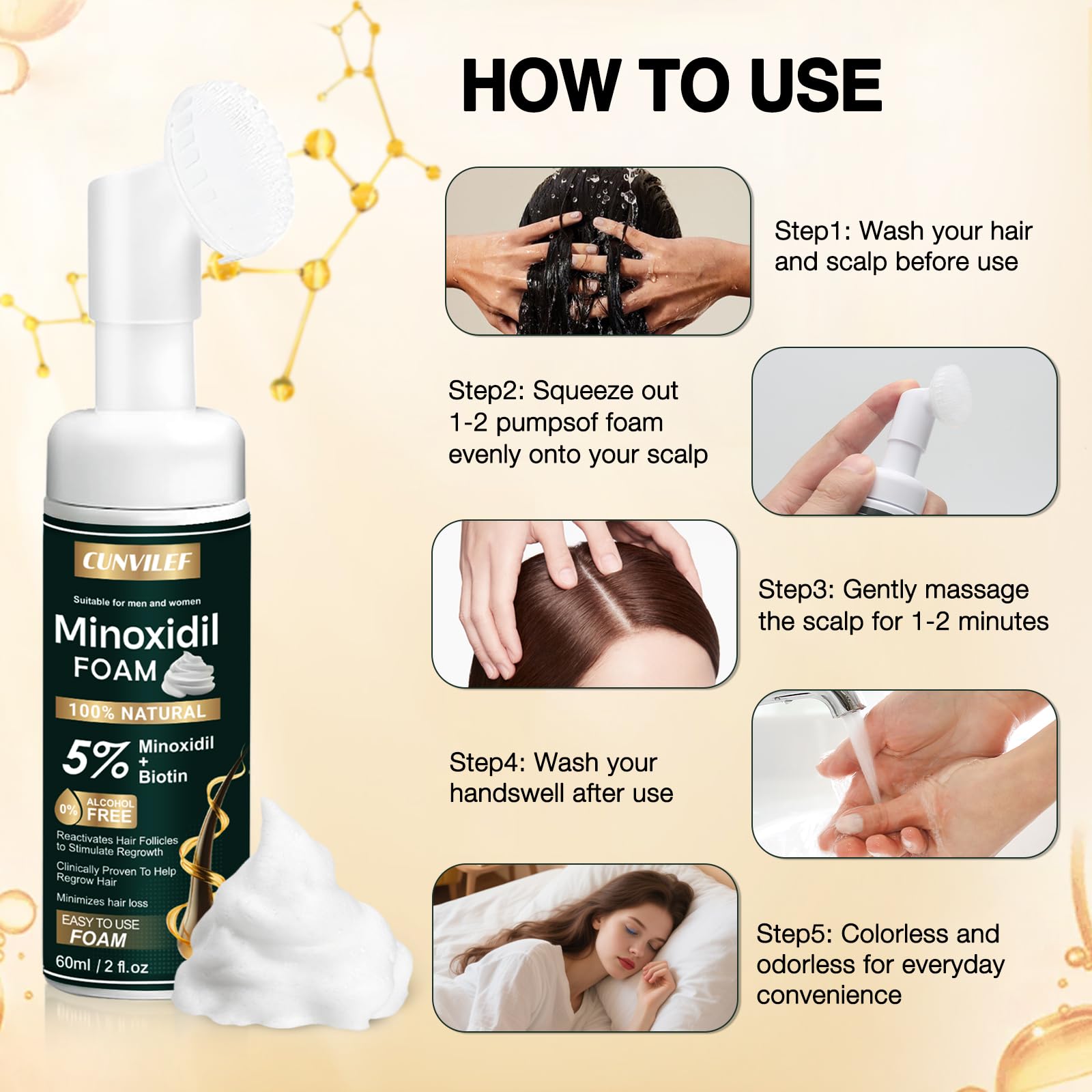 CUNVILEF 5% Minoxidil Foam on shelf suggests convenient daily use.
