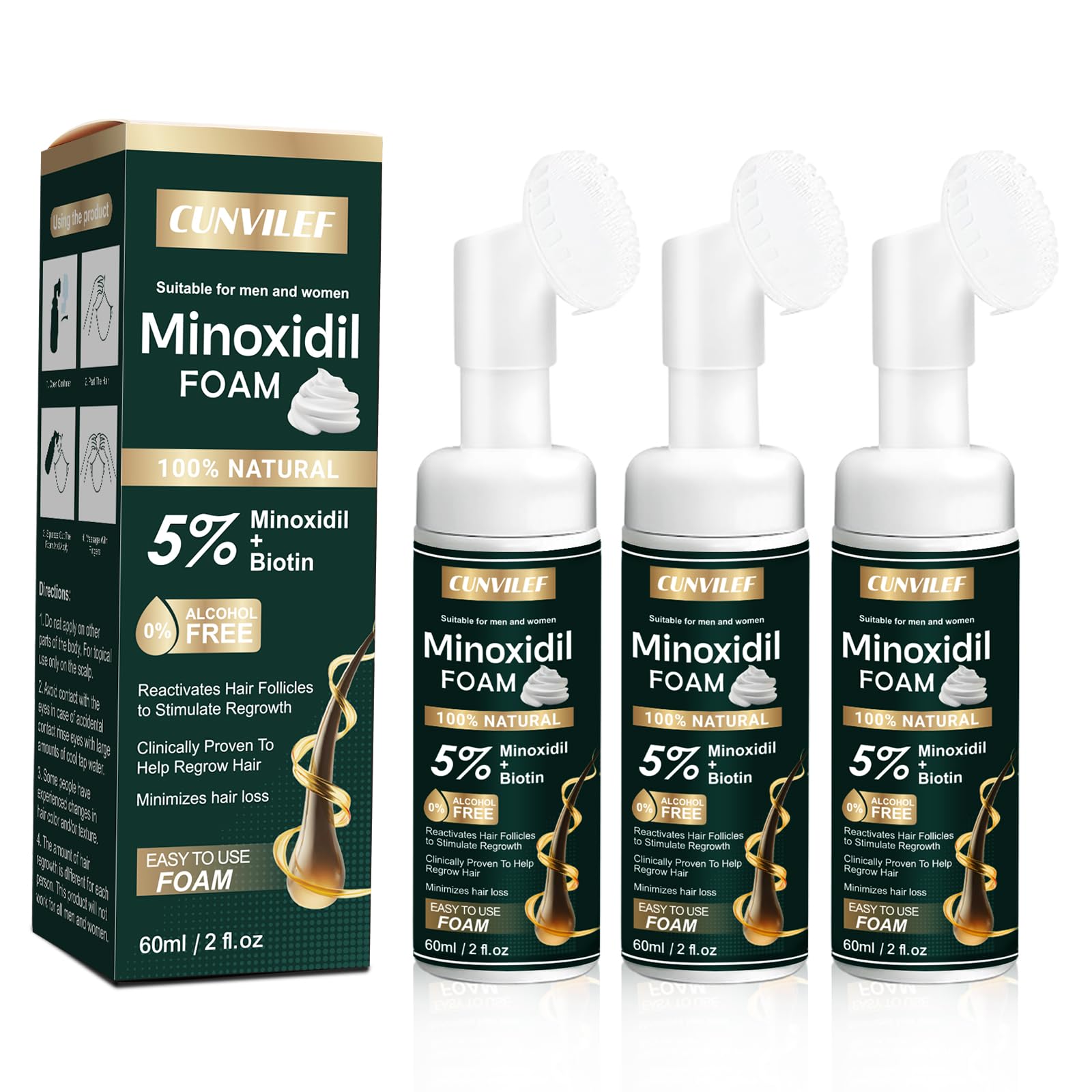 CUNVILEF Minoxidil Foam bottle for precise scalp application and daily use.