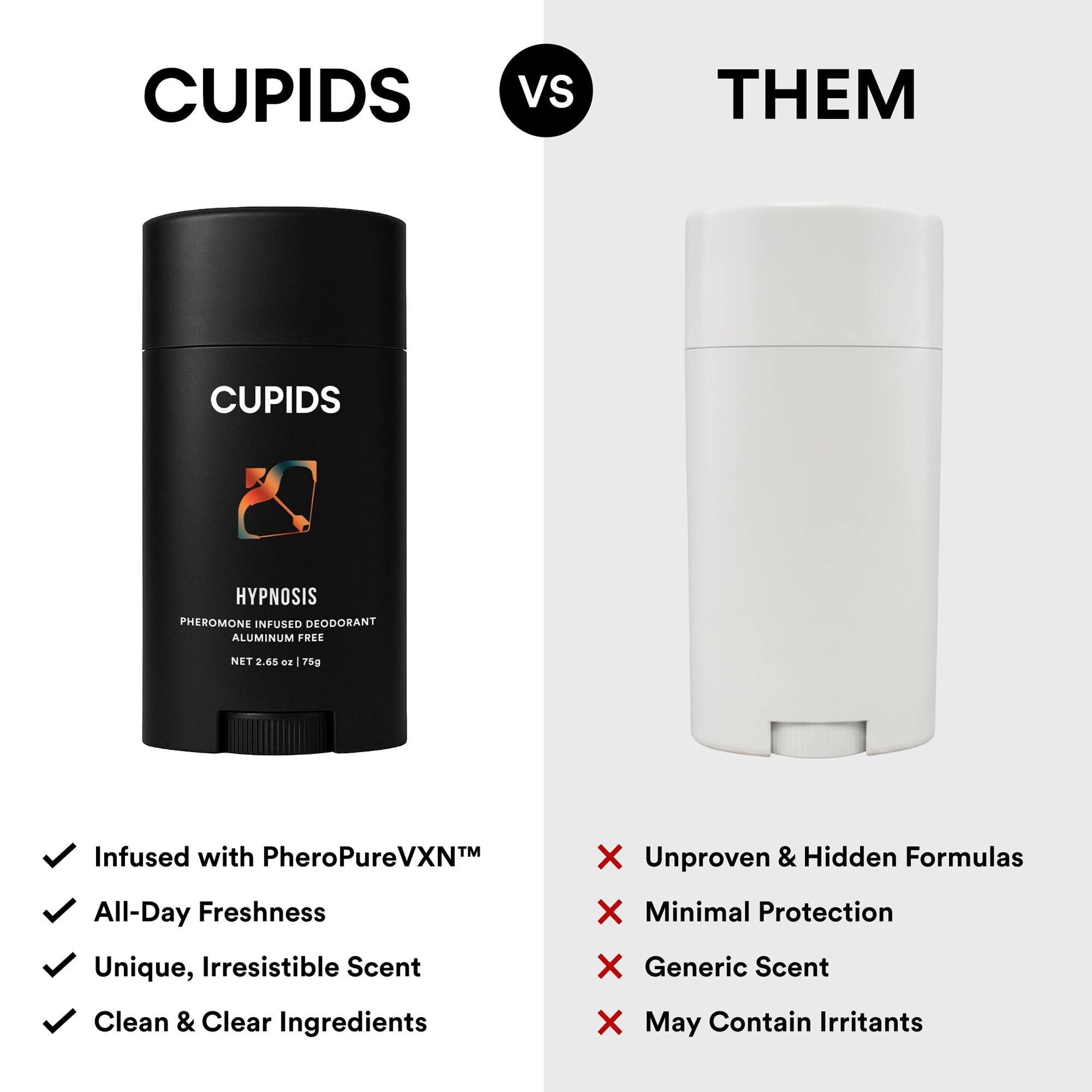 Cupids Hypnosis aluminum-free badge emphasizes skin-friendly, gentle use.